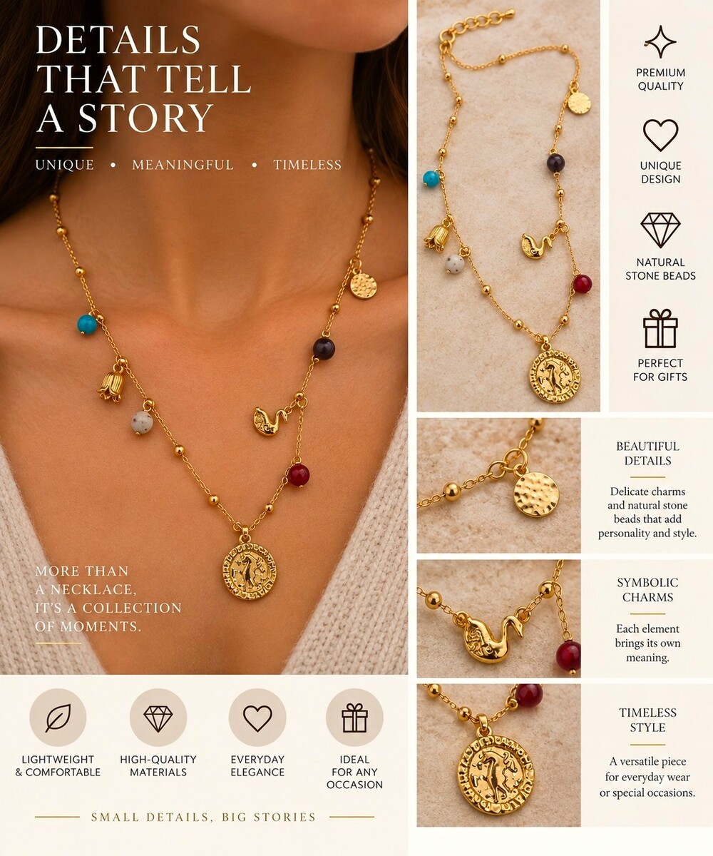 Gold Tone Cable Chain Necklace Round Coin Pendant Animal Charm Multicolor Beads